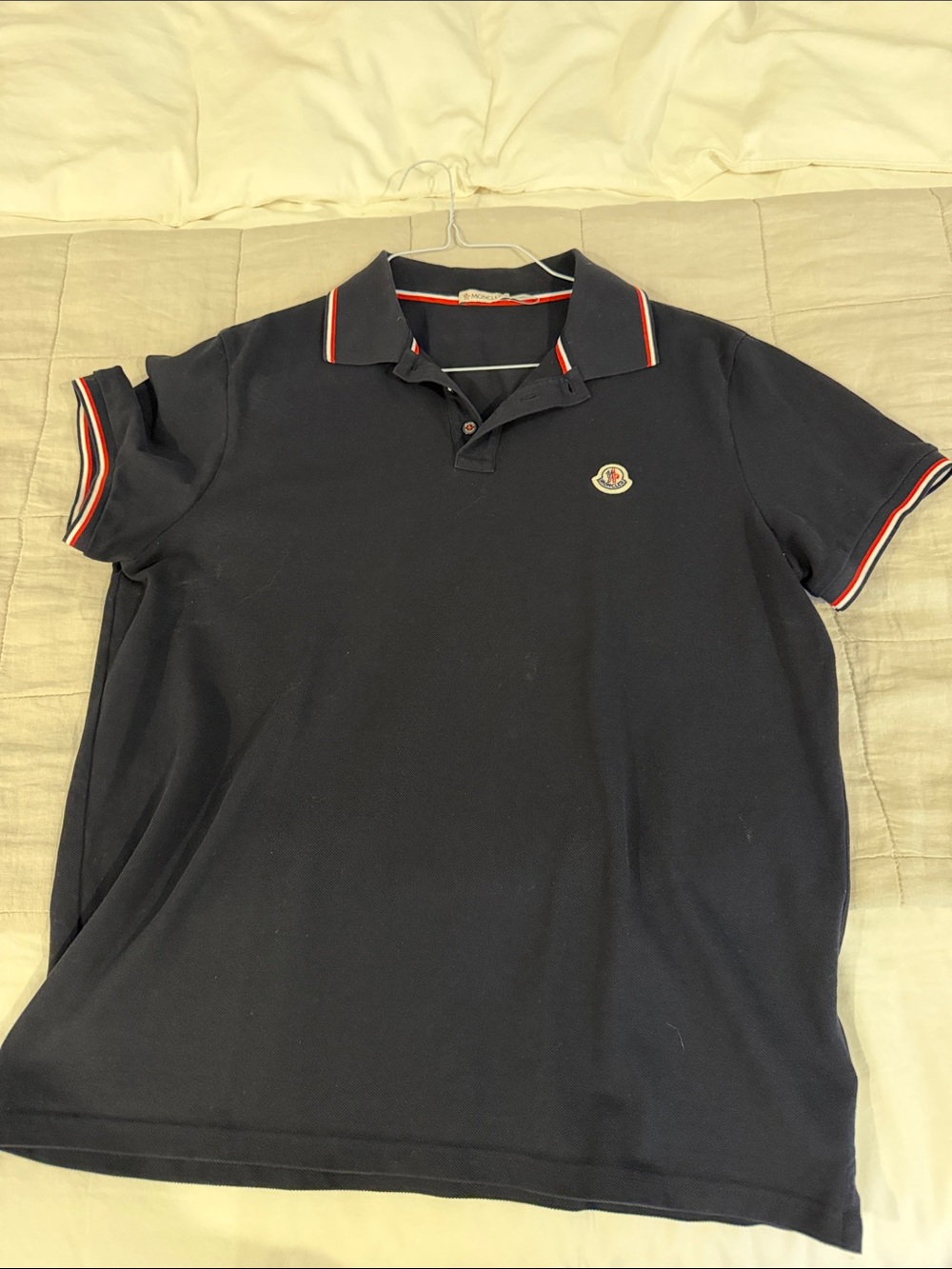 Moncler Men’s Tricolor Trim Short Sleeve Polo Shirt - Navy Blue - Size XL